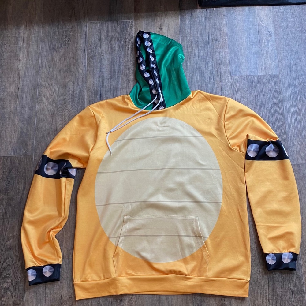 Bowser Super Mario Bros Cosplay Hoodie Mens Yellow Green Graphic Pullover XXL